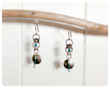 HANDMADE OXIDISED ANTIQUE INDIAN SILVER HEART DISC GREEN TEAL GLASS BEAD DROP EARRINGS RETRO BOHO