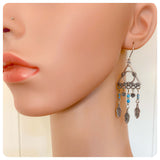 HANDMADE OXIDISED ANTIQUE SILVER INDIAN FEATHER TRIANGLE TURQUOISE HOWLITE NATURAL GEMSTONE DROP EARRINGS RETRO BOHO
