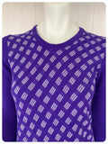 VINTAGE 1970s PURPLE WHITE PATTERN SKINNY RIB FINE KNIT JUMPER TOP UK8-12