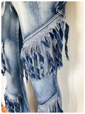 VINTAGE 90’s BLUE DENIM MED HIGH WAIST RISE WIDE FLARES TASSEL FRAYED JEANS UK10