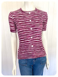 VINTAGE 1970s PURPLE FLECK CUTE FLOWER BUTTON SKINNY RIB JUMPER TOP T SHIRT UK6-10