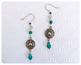 HANDMADE OXIDISED ANTIQUE SILVER INDIAN MANDALA EMERALD GREEN JADE GLASS CRYSTAL DROP EARRINGS RETRO BIRTHSTONE BOHO
