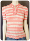 VINTAGE 1970s PINK WHITE STRIPE LACE UP SKINNY RIB JUMPER TOP T SHIRT UK8-10