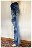 VINTAGE 90’s BLUE DENIM MED HIGH WAIST RISE WIDE FLARES TASSEL FRAYED JEANS UK10