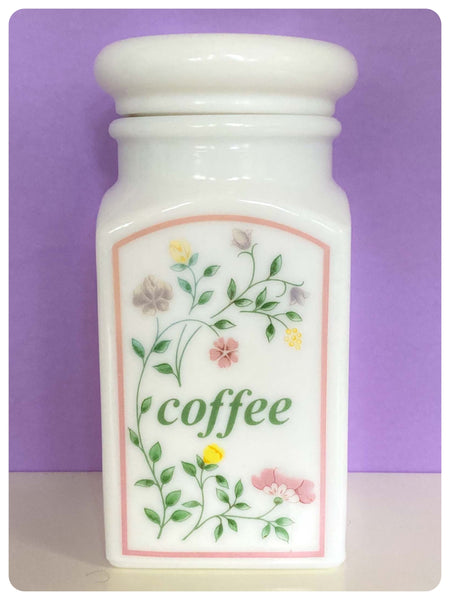 VINTAGE 80’s CANDLELIGHT WHITE PASTEL FLORAL MILK GLASS COFFEE JAR POT CONTAINER STORAGE SET RETRO FLORAL JOHNSON BROTHERS ENGLAND
