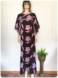 VINTAGE 70’s INDIAN LEAF PRINTED EMBROIDERED COTTON KAFTAN MAXI DRESS 8