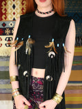 Vintage Black Suede Fringe Tassel Beads & Feathers Waistcoat Gilet - Penny Bizarre - 1