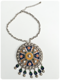 HUGE BOHEMIAN TRIBAL SILVER & ENAMEL DISC PENDANT NECKLACE