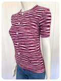 VINTAGE 1970s PURPLE FLECK CUTE FLOWER BUTTON SKINNY RIB JUMPER TOP T SHIRT UK6-10