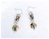 HANDMADE OXIDISED ANTIQUE INDIAN SILVER HEART DISC GREEN TEAL GLASS BEAD DROP EARRINGS RETRO BOHO