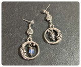 HANDMADE ANTIQUE SILVER INDIAN MOON STARS EYE OF HORUS PROTECTION DAINTY MOONSTONE CELESTIAL HOOP STUD EARRINGS RETRO BOHO