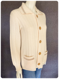 VINTAGE 1970’s CREAM RIB KNIT & TAN SUEDE POCKET BIG BUTTON CARDIGAN UK8 10 12