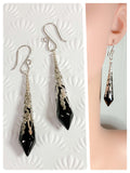 HANDMADE JET BLACK LONG POINT GLASS CRYSTAL ART DECO CHANDELIER RENAISSANCE ANTIQUE SILVER CONE ORNATE FILIGREE DROP EARRINGS RETRO BIRTHSTONE BOHO