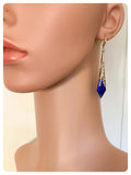 HANDMADE SAPPHIRE BLUE LONG POINT GLASS CRYSTAL ART DECO CHANDELIER RENAISSANCE GOLD CONE ORNATE DROP EARRINGS RETRO BIRTHSTONE BOHO