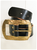 VINTAGE 70’s DARK BROWN THICK LEATHER BELT HUGE BRASS BUCKLE 33-35 INCHES