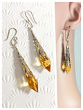 HANDMADE LIGHT AMBER LONG POINT GLASS CRYSTAL ART DECO CHANDELIER RENAISSANCE SILVER CONE ORNATE FILIGREE DROP EARRINGS RETRO BIRTHSTONE BOHO