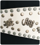 VINTAGE 80’s WIDE WHITE LEATHER AZTEC STUDDED CINCH WAIST BELT 8-10