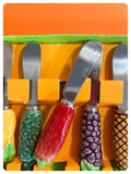 SET OF 6 MID CENTURY VINTAGE STAINLESS STEEL KNIVES MAJOLICA CERAMIC FRUIT & VEGETABLE HANDLES BOXED SIGNED JAPAN