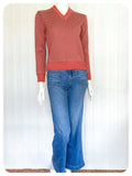 VINTAGE 1970s V NECK SKINNY RIB KNITTED JUMPER TOP BROWN FLECK UK8 -10