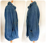 VINTAGE 80’s MUSTANG BAGGY BLUE DENIM FISHTAIL PARKA JACKET COAT VIVID TURQUOISE LINING L/XL