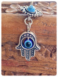 INDIAN SILVER HAMSA HAND EVIL EYE PROTECTION & TURQUOISE GEMSTONES BOHO SURGICAL STEEL NAVEL BELLY BAR
