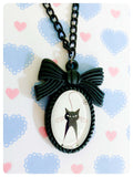 HAND CRAFTED CUTE BLACK CAT BOW CAMEO RESIN NECKLACE QUIRKY KAWAII RETRO