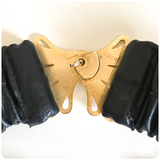 VINTAGE 80’s BLACK ELASTIC FAUX LEATHER CINCH WASPIE WAIST BELT ENAMEL FLOWER BUCKLE