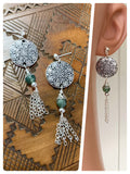 HANDMADE OXIDISED ANTIQUE SILVER INDIAN MANDALA GREEN MOSS AGATE NATURAL GEMSTONE TASSEL DROP EARRINGS RETRO BOHO