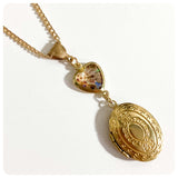 VINTAGE ANTIQUE GOLD BRASS TOOLED OVAL LOCKET GLASS HEART CHARM NECKLACE