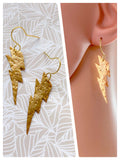 VINTAGE ANTIQUE GOLD HAMMERED BEATEN BRASS BIG LIGHTNING THUNDER BOLT EARRINGS