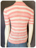 VINTAGE 1970s PINK WHITE STRIPE LACE UP SKINNY RIB JUMPER TOP T SHIRT UK8-10