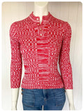 VINTAGE 1970s RED WHITE FLECK SKINNY RIB FINE KNIT JUMPER TOP UK8-12