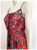 VINTAGE 1970s INDIAN BOHEMIAN PRINTED RED CHEESECLOTH FESTIVAL SUN DRESS UK 10-12