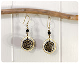 HANDMADE ANTIQUE BRASS GOLD BLACK INDIAN SUN MANDALA DISC HOOP DROP EARRINGS VINTAGE BOHO TRIBAL