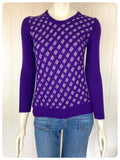 VINTAGE 1970s PURPLE WHITE PATTERN SKINNY RIB FINE KNIT JUMPER TOP UK8-12