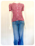 VINTAGE 1970s PURPLE FLECK CUTE FLOWER BUTTON SKINNY RIB JUMPER TOP T SHIRT UK6-10