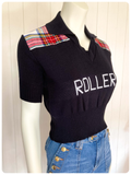 VINTAGE 1970s BAY CITY ROLLERS BLACK TARTAN SKINNY RIB KNIT JUMPER TOP T SHIRT UK8-12