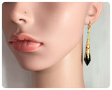 HANDMADE JET BLACK LONG POINT GLASS CRYSTAL ART DECO CHANDELIER RENAISSANCE GOLD CONE ORNATE FILIGREE DROP EARRINGS RETRO BIRTHSTONE BOHO