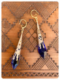 HANDMADE SAPPHIRE BLUE LONG POINT GLASS CRYSTAL ART DECO CHANDELIER RENAISSANCE GOLD CONE ORNATE DROP EARRINGS RETRO BIRTHSTONE BOHO