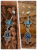 INDIAN SILVER HAMSA HAND EVIL EYE PROTECTION & TURQUOISE GEMSTONES BOHO SURGICAL STEEL NAVEL BELLY BAR