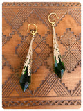 HANDMADE EMERALD GREEN LONG POINT GLASS CRYSTAL ART DECO CHANDELIER RENAISSANCE GOLD CONE ORNATE DROP EARRINGS RETRO BIRTHSTONE BOHO