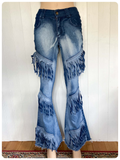 VINTAGE 90’s BLUE DENIM MED HIGH WAIST RISE WIDE FLARES TASSEL FRAYED JEANS UK10