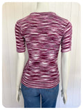 VINTAGE 1970s PURPLE FLECK CUTE FLOWER BUTTON SKINNY RIB JUMPER TOP T SHIRT UK6-10