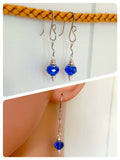 HANDMADE SAPPHIRE BLUE FACETED GLASS BEAD MINI MOROCCAN LANTERN SILVER EARRINGS RETRO BIRTHSTONE BOHO