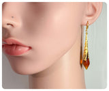 HANDMADE DEEP AMBER LONG POINT GLASS CRYSTAL ART DECO CHANDELIER RENAISSANCE GOLD CONE ORNATE DROP EARRINGS RETRO BIRTHSTONE BOHO