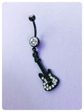 CUTE KITSCH RETRO BLACK ELECTRIC GUITAR CRYSTAL GEMS SURGICAL STEEL NAVEL BELLY BAR RING BODY PIERCING