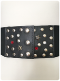 VINTAGE 80’s WIDE BLACK ELASTIC CINCH WASPIE WAIST BELT STUDDED STARS BUCKLE