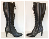 VINTAGE 90’s BLACK LEATHER KNEE HIGH LACE UP PIXIE GRANNY BOOTS BOHO GOTHIC VICTORIANA SIZE 3