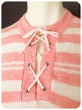 VINTAGE 1970s PINK WHITE STRIPE LACE UP SKINNY RIB JUMPER TOP T SHIRT UK8-10
