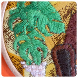 HAND MADE HOOP ART EMBROIDERY BLACK CAT IN THE 70’s FAVOURITE SPOT RETRO VINTAGE CHEESE PLANT MONSTERA